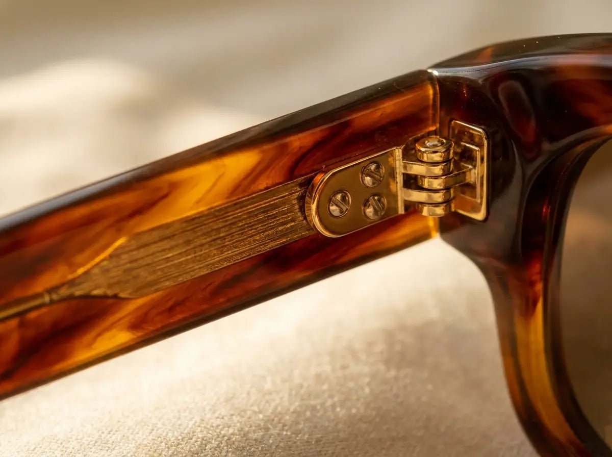 Macro shot of layered acetate and gold hinge